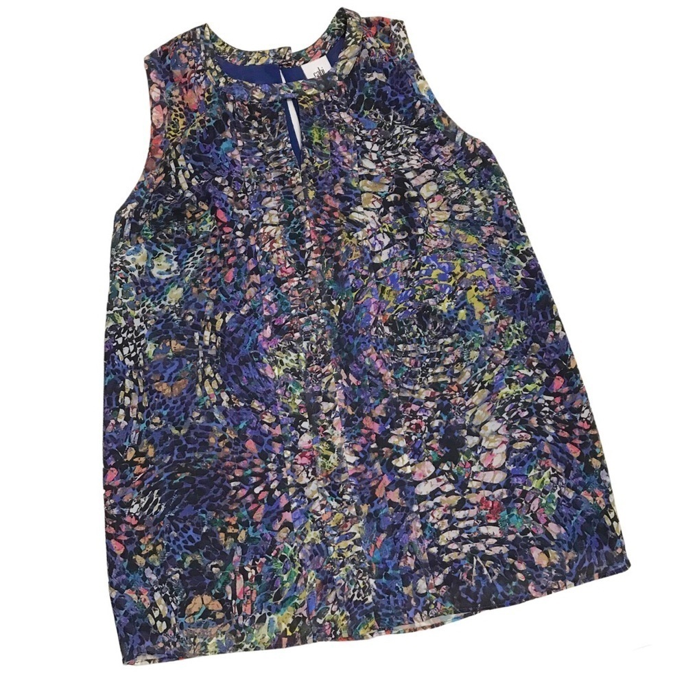 Cabi Women's Stained Glass Keyhole Sleeveless Blue Blouse Style #3093 Size Small